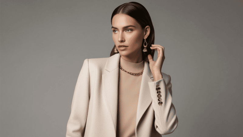 A stylish woman demonstrating an office-ready transition look by layering an oversized sage green linen blazer over a white silk slip dress with gold jewelry.