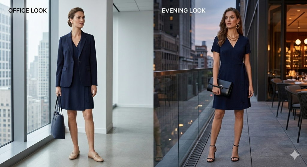 Comparison of a navy wrap dress from TopChicWear styled for a professional office look with a blazer vs a chic evening look with gold accessories.