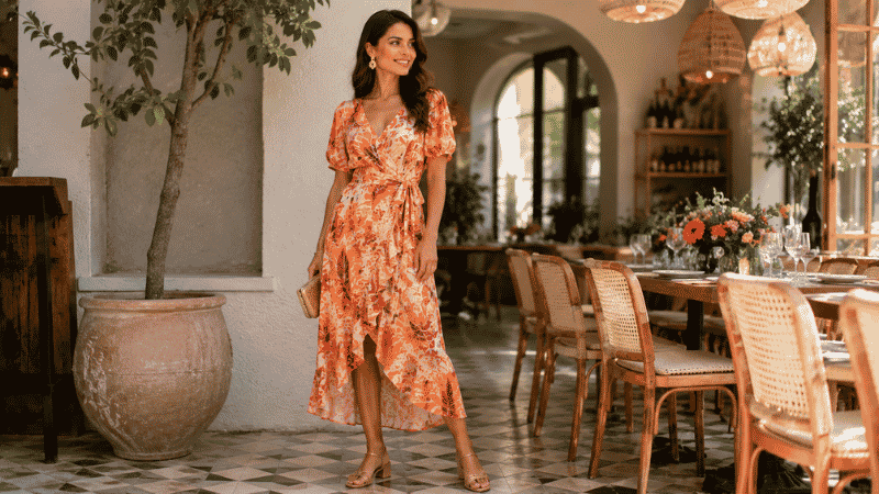 Woman dressed for a birthday brunch in a printed wrap dress with gold earrings and heeled sandals
