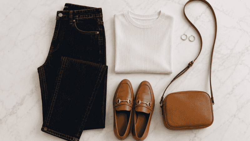 Flat lay of a quick brunch outfit formula: dark jeans, ribbed top, loafers, gold hoops, and small crossbody bag