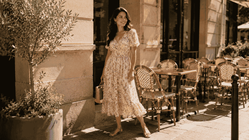 Woman in a cute brunch outfit wearing a floral midi dress and flat sandals at an outdoor café