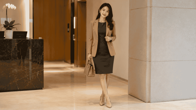 Woman wearing a polished business casual sheath dress with a blazer for the office