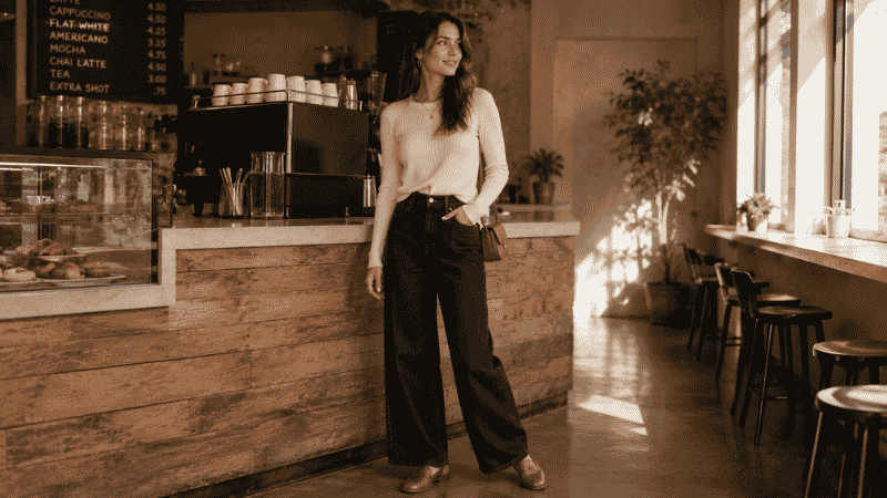 Woman in a casual brunch outfit with wide-leg jeans, ribbed crewneck top, and loafers at a coffee shop