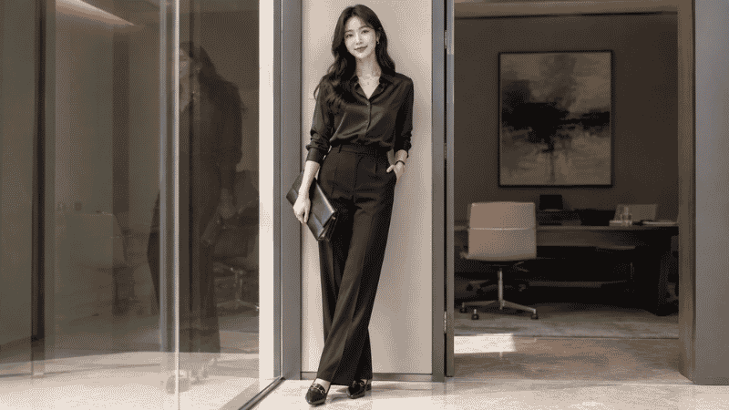 Woman in a corporate business casual outfit with black tailored trousers, silk blouse, and leather loafers