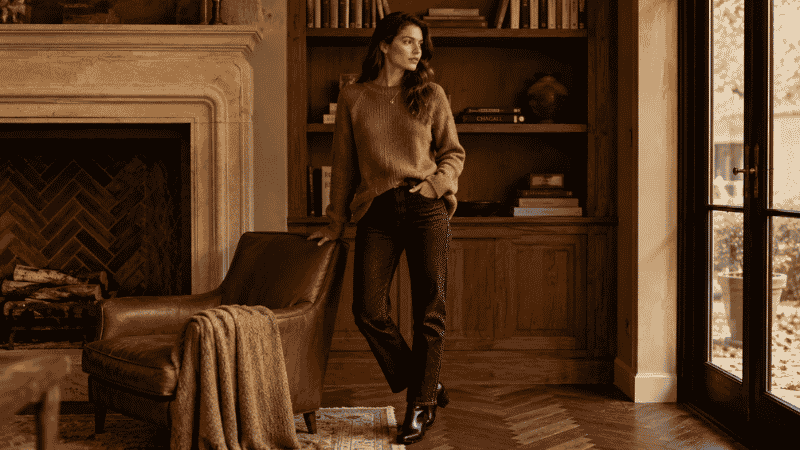 Woman in a cozy fall outfit wearing an oversized chunky knit sweater, straight-leg jeans, and ankle boots