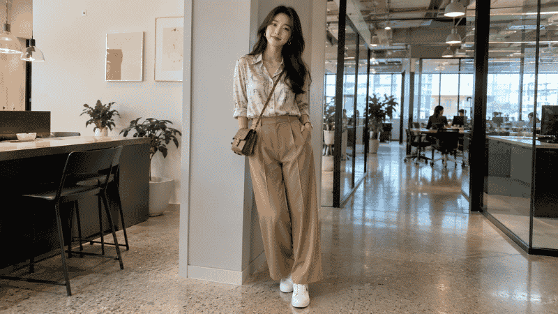 Woman in a creative office smart casual outfit with wide-leg trousers, printed blouse, and white sneakers