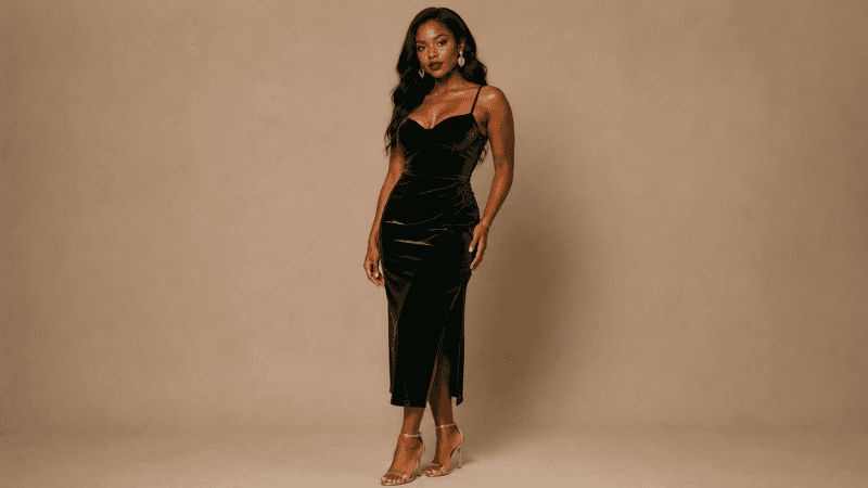 Woman with warm deep skin tone wearing a dark forest green velvet homecoming dress with gold accessories