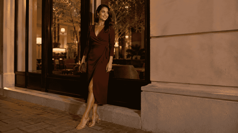 Woman in a chic date night outfit smiling confidently before going out for the evening