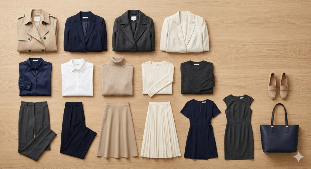 TopChicWear 15-piece 2026 chic capsule wardrobe featuring neutral blazers, silk blouses, and tailored trousers on a minimalist wooden background.