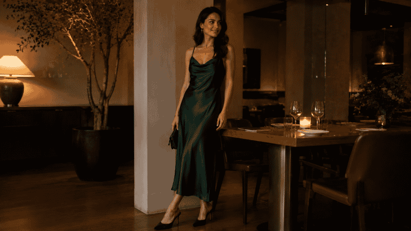 Woman in an elegant dinner date outfit wearing a satin midi slip dress and pointed-toe heels at a restaurant