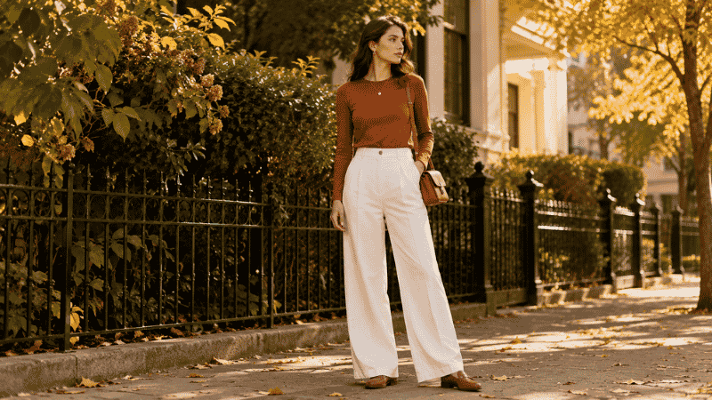 Woman in an early fall transition outfit with wide-leg trousers, rust top, and loafers in warm autumn light