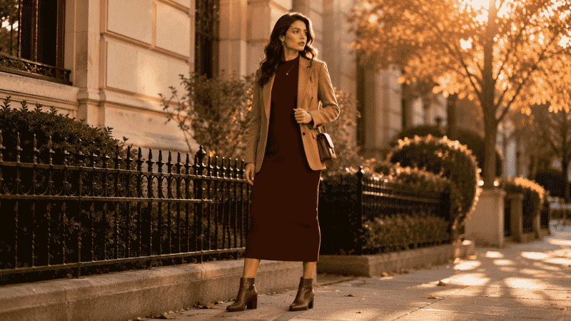 Woman wearing a fall color outfit in burgundy, camel, and cream tones with ankle boots