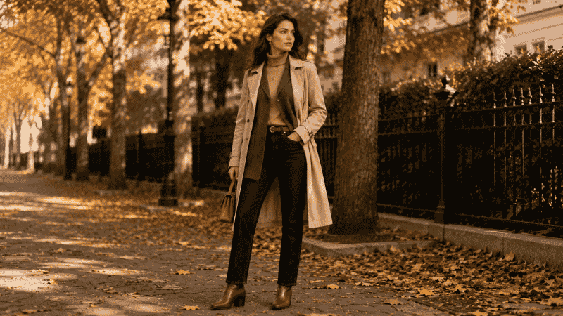 Woman demonstrating fall layering with a turtleneck, cardigan, and structured trench coat in autumn colors