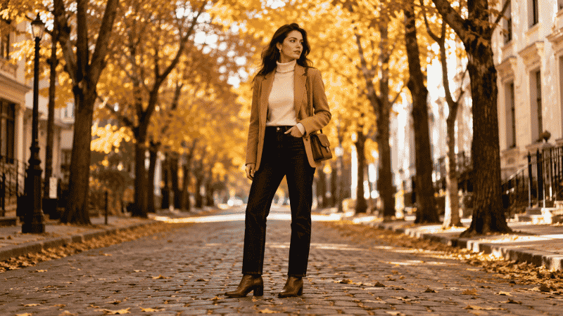 Woman in a classic fall outfit with camel blazer, turtleneck, dark jeans, and ankle boots on an autumn street