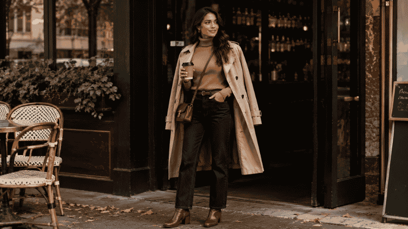 Woman in a fall brunch outfit with straight-leg jeans, camel turtleneck, ankle boots, and a trench coat