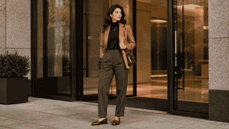 Professional woman in a fall work outfit with olive tailored trousers, burgundy turtleneck, and loafers