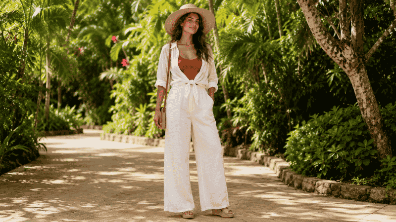 Woman in a Hawaii vacation outfit with wide-leg linen trousers, fitted tank, and espadrilles on a tropical trail