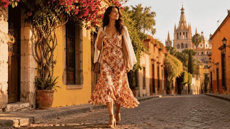 Woman in a Mexico vacation dinner outfit with a floral wrap dress and wedge sandals on cobblestone street