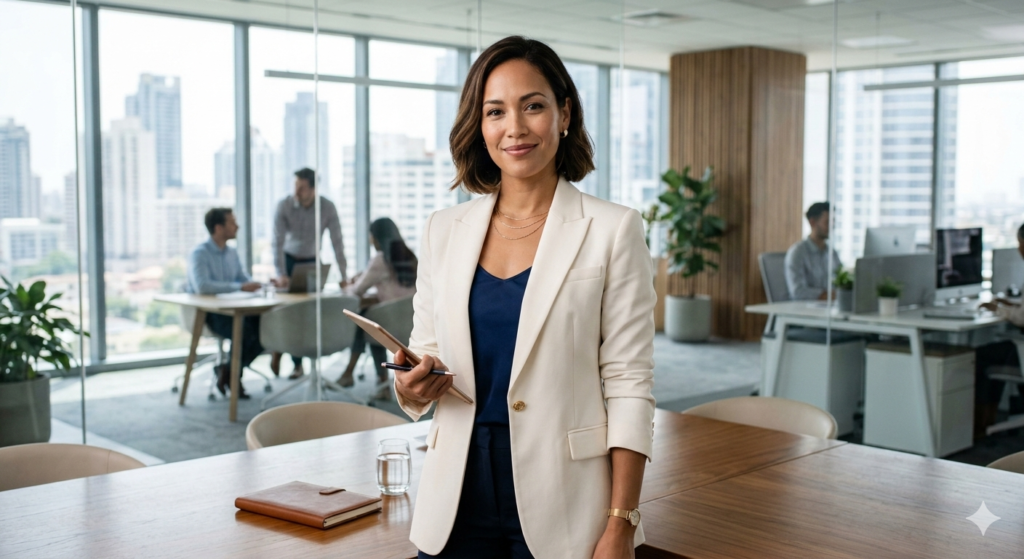 A confident professional woman wearing a TopChicWear ivory minimalist blazer in a modern office, representing career success through strategic fashion.