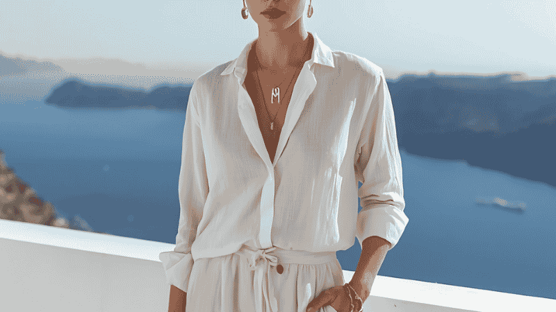 A stylish woman standing on a scenic balcony in Greece wearing a monochromatic cream linen set, accessorized with gold statement jewelry and a sleek bun.