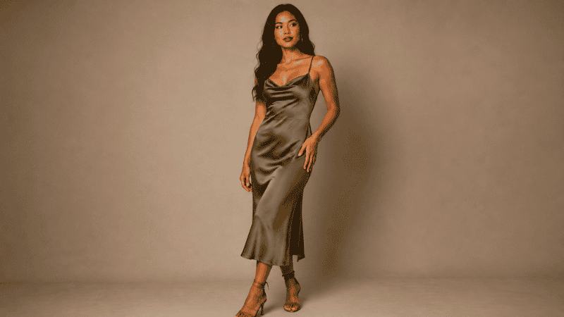Woman with golden warm skin tone in an olive green slip dress with brass jewelry and tan heels