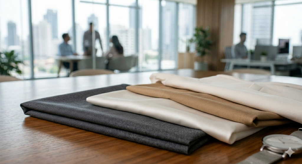 Close-up of premium professional fabrics including wool, silk, and cotton used in TopChicWear essentials to ensure durability and style.