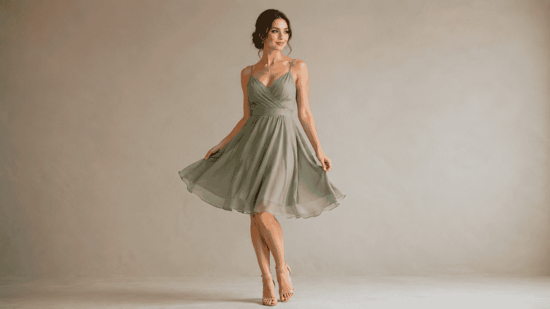 Young woman in a sage green flowy A-line homecoming dress with rose gold accessories
