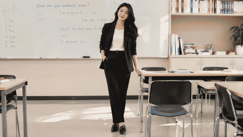 Female teacher in a practical and polished classroom outfit with stretch trousers, knit top, and loafers