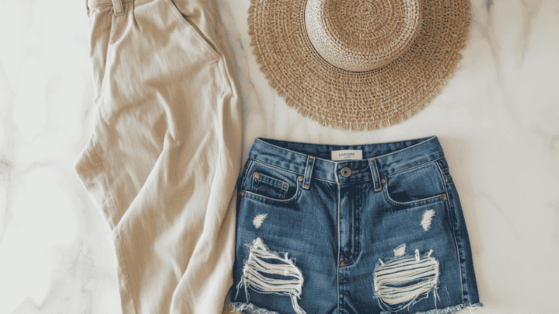 A curated travel flat-lay featuring beige high-waisted linen trousers, distressed denim cut-off shorts, and a straw sun hat on a white marble background.