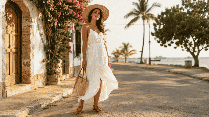 Woman in a chic vacation outfit with a flowy linen dress and straw hat at a sunny beach destination