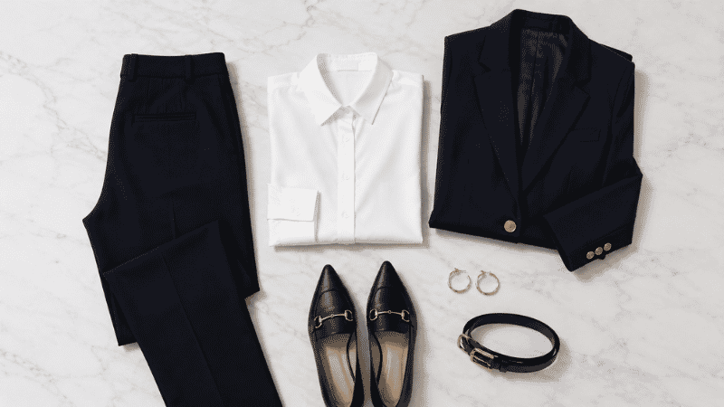 Flat lay of a 10-minute work outfit formula: black trousers, white blouse, navy blazer, loafers, and gold hoops