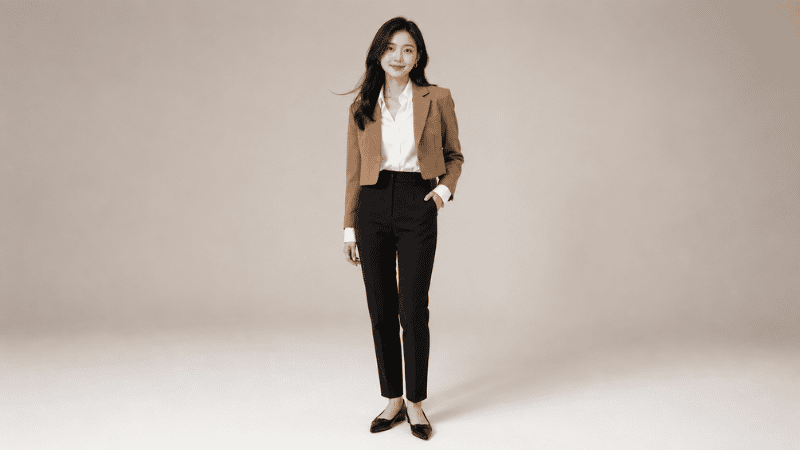 Petite woman in a work outfit with high-waist tailored trousers, fitted blazer, and pointed-toe flats