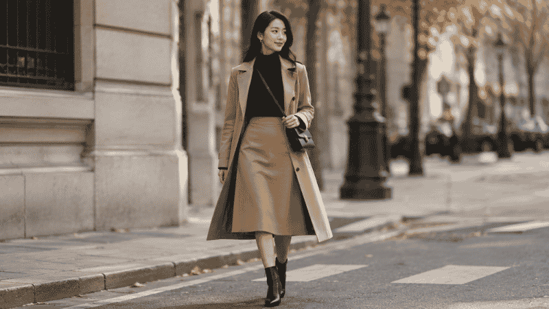 Woman in a versatile layered work outfit with a midi skirt, fitted knit top, and ankle boots for fall