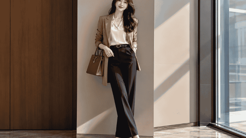 Professional woman in a polished business casual work outfit with tailored trousers and blazer