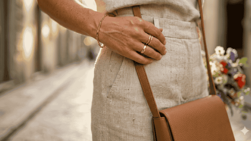 Close-up of linen fabric texture paired with gold jewelry and a leather handbag.