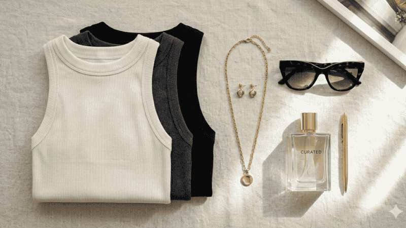 A flat-lay of neutral-colored women's tank tops with gold accessories and sunglasses.