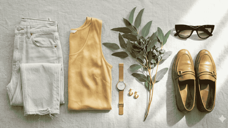 Minimalist spring capsule wardrobe essentials featuring light-wash denim and silk basics.