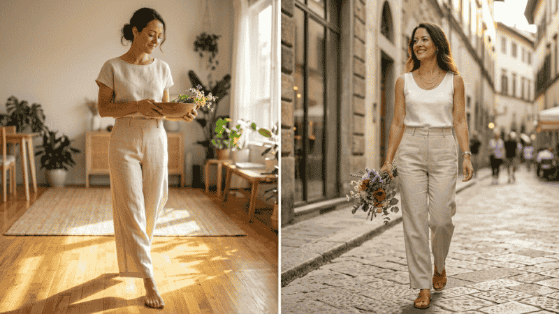A chic woman wearing high-waisted beige linen pants in a sunlit, aesthetic setting.
