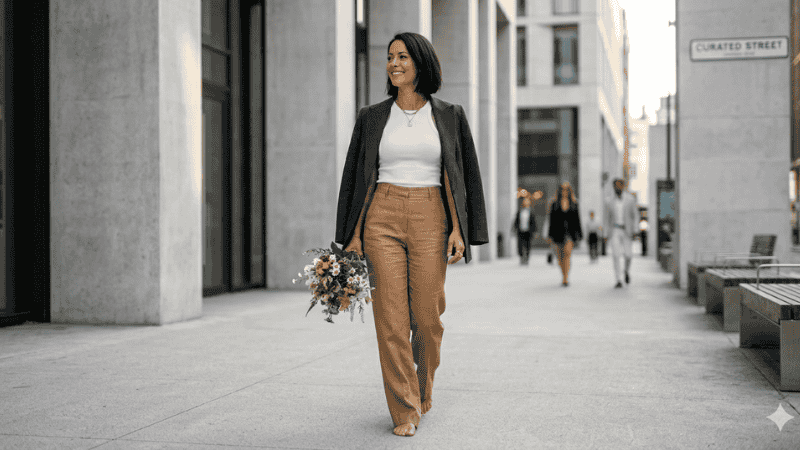 A chic woman wearing a high-neck white ribbed tank top and tailored trousers in a modern city setting.