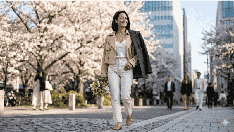 A chic woman wearing a truncated trench coat and white silk tank top for a fresh spring look.