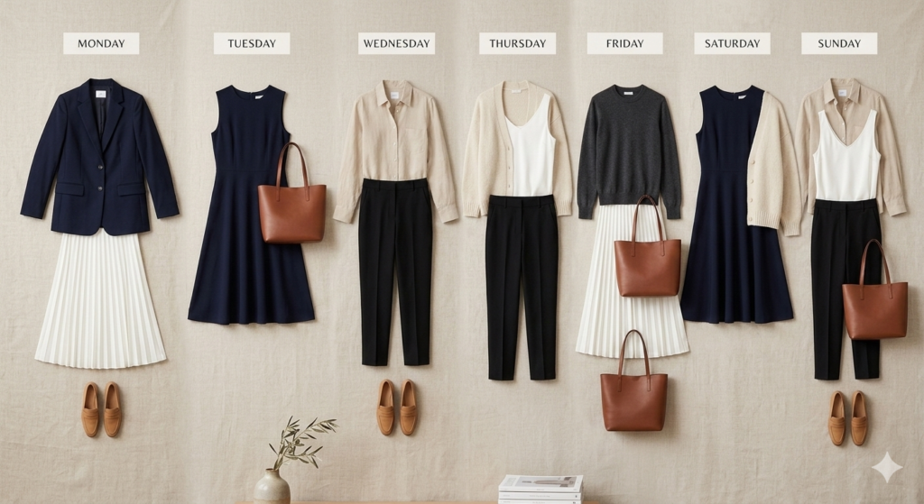 7-day capsule wardrobe outfit combinations for office wear.