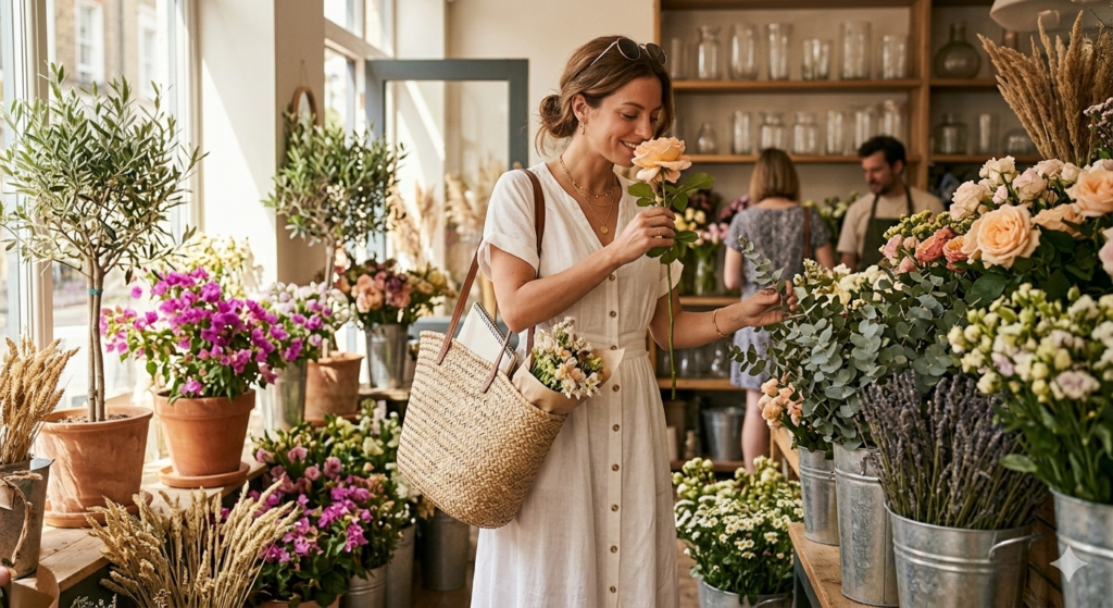 A woman in a white dress enjoying a sunny day at a flower market.