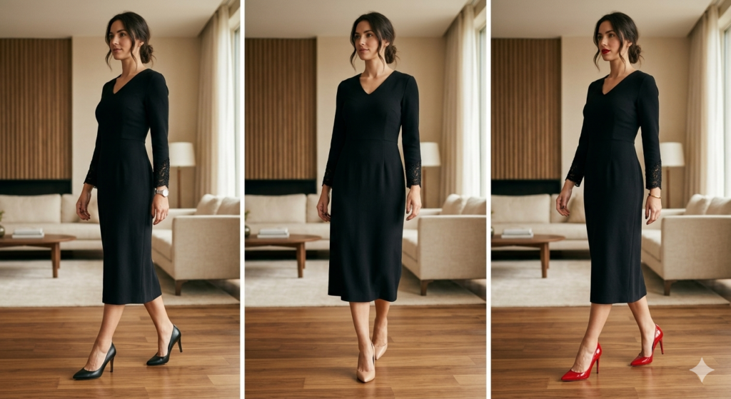 Comparison of what color shoes to wear with black dress for different style vibes.