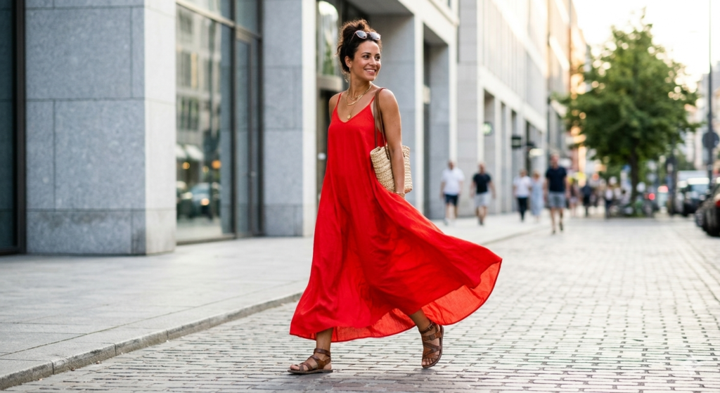 A confident woman in a vibrant red dress walking through a sunlit city street.