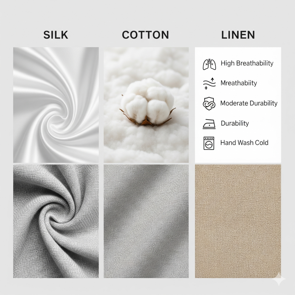 Comparison chart of silk cotton and linen fabrics for women's dresses showing texture and care icons.