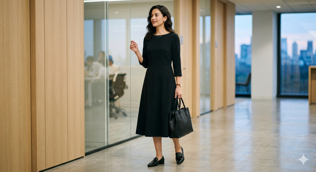 Elegant midi black dress for professional wardrobe checklist