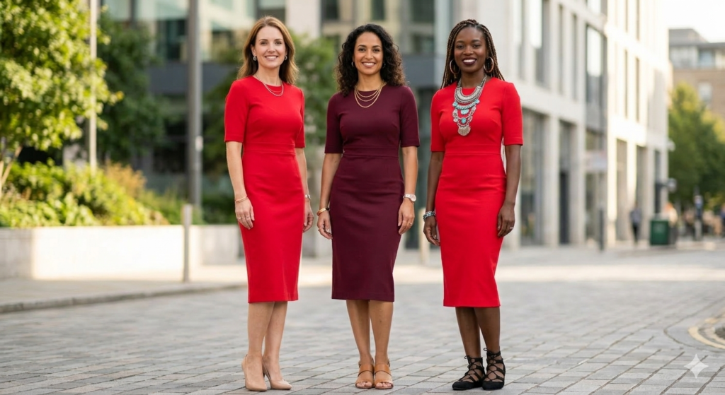 Comparison of different red dress shades and how they complement various skin tones.