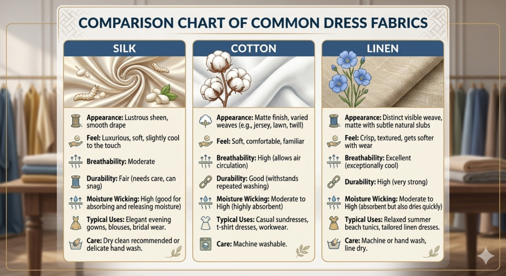 Comparison chart of dress fabrics like silk, cotton, and linen