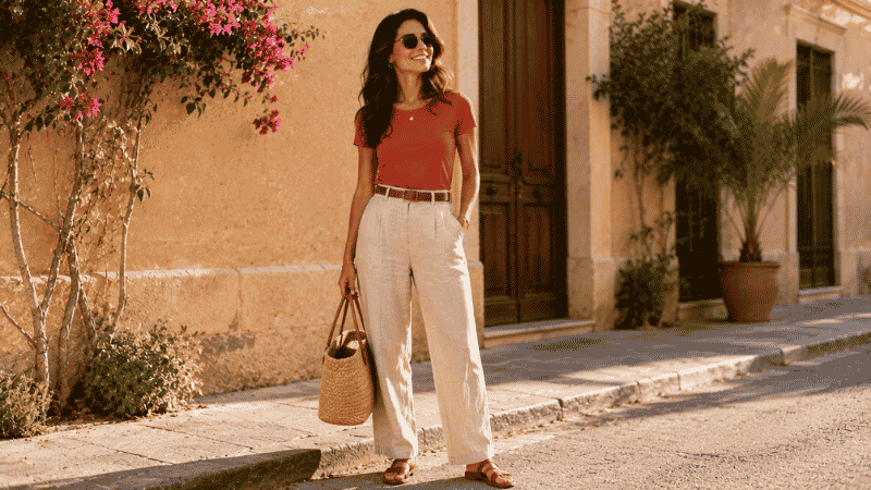 Woman in beige linen pants with a rust fitted top and flat sandals for an earth tone look