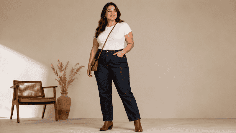 Curvy woman in well-fitting high-rise straight-leg jeans and a white fitted top looking confident